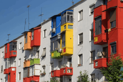 Colorful facades of houses in Tirana city, Albania