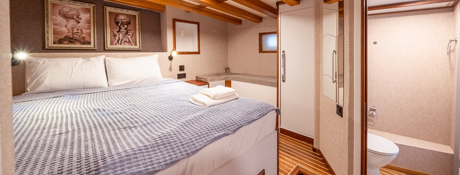 View of bedroom with bath aboard the Boreas