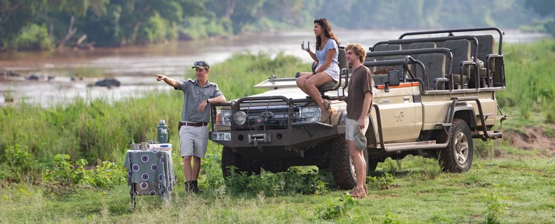 Drei Menschen genießen ein Picknick bei ihrem Jeep und beobachten die Tierwelt