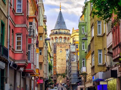 View of Galata tower and colourful apartments