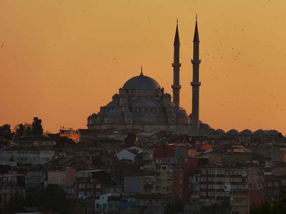 Silhouette of Istanbul city and mosque at sunset
