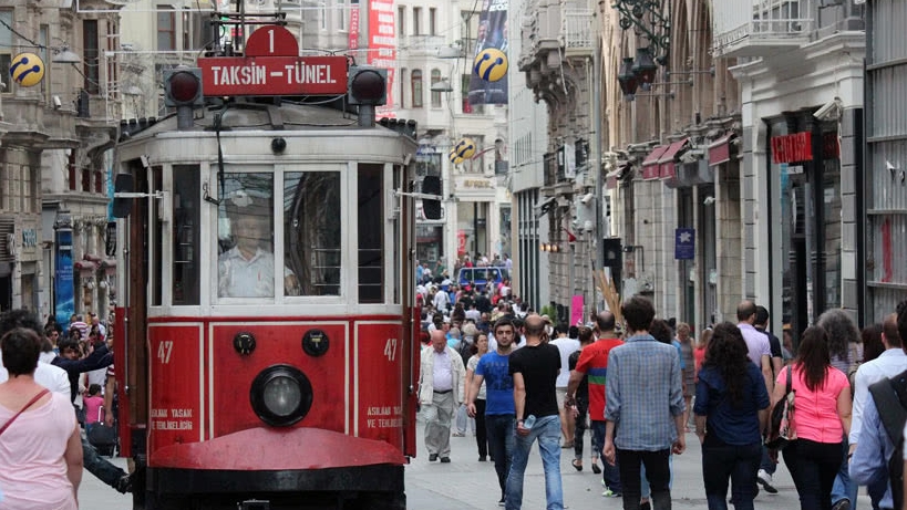 Red tram on Istiklal Avenue in Istanbul